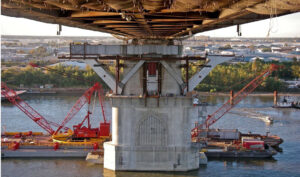 Construction site showing the columns of the Huey P Long Bridge